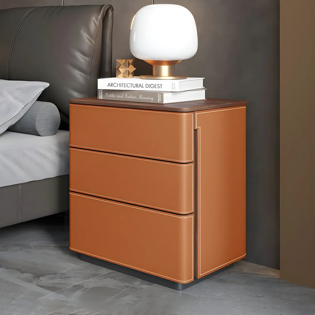 Modern Faux Leather Wood Top Drawers Nightstand
