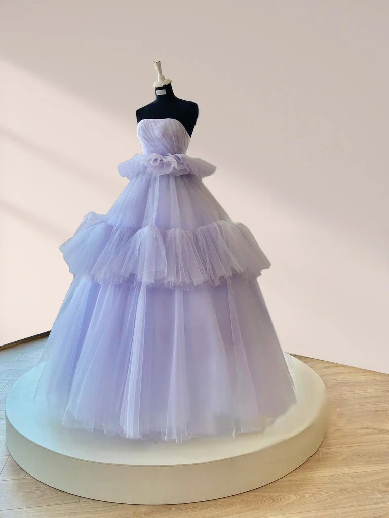 Strapless Pleated Tulle  Floor Length Tiered A Line Prom Dress