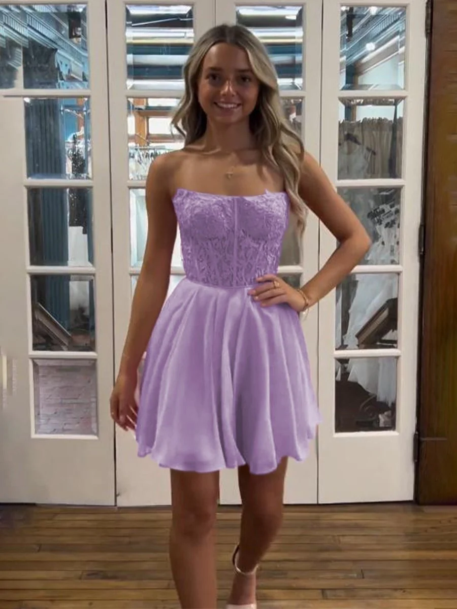 Lavender - Strapless Chiffon A Line Short Homecoming Dresses With Appliques