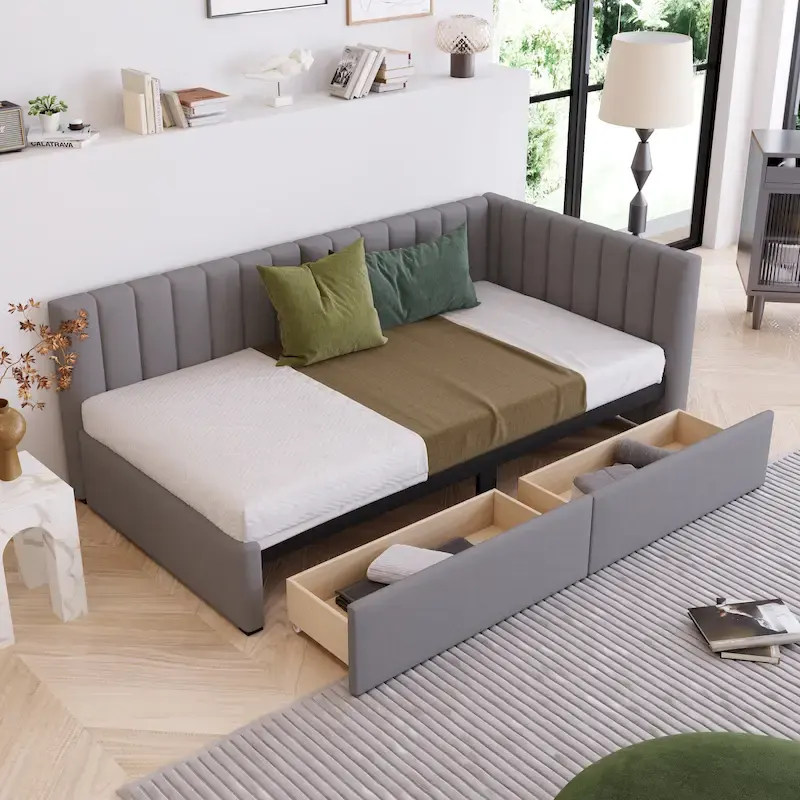 Grey Linen Upholstered Daybed with 2 Storage Drawers, Twin Size Sofa Bed Frame, No Box Spring Needed