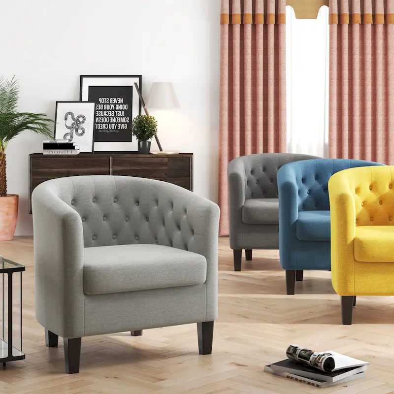 Yellow / Dark Grey / Blue / Light Grey Tufted Linen Club Chair – Transitional Style, Seats 1