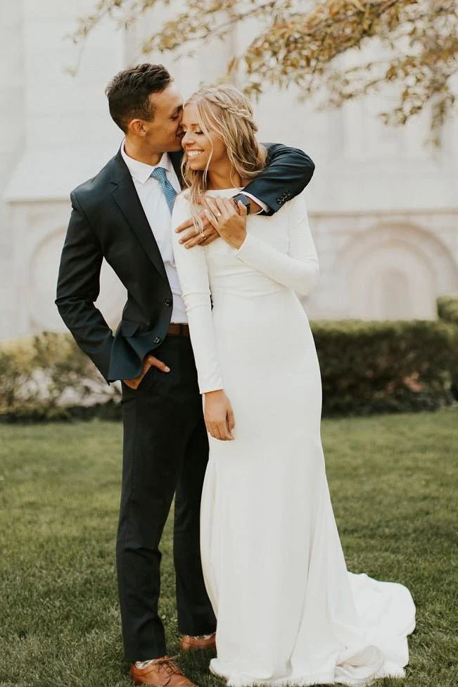 Modest Long Sleeve Satin Wedding Dress With Sweep Train