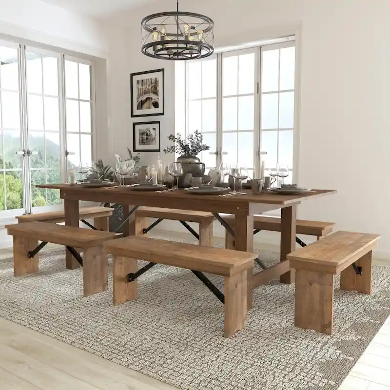 Solid Pine Folding Farm Table Set with 6 Benches