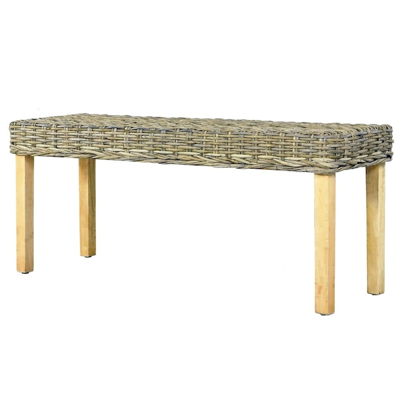 vidaXL Bench 43.3 Natural Kubu Rattan and Solid Mango Wood