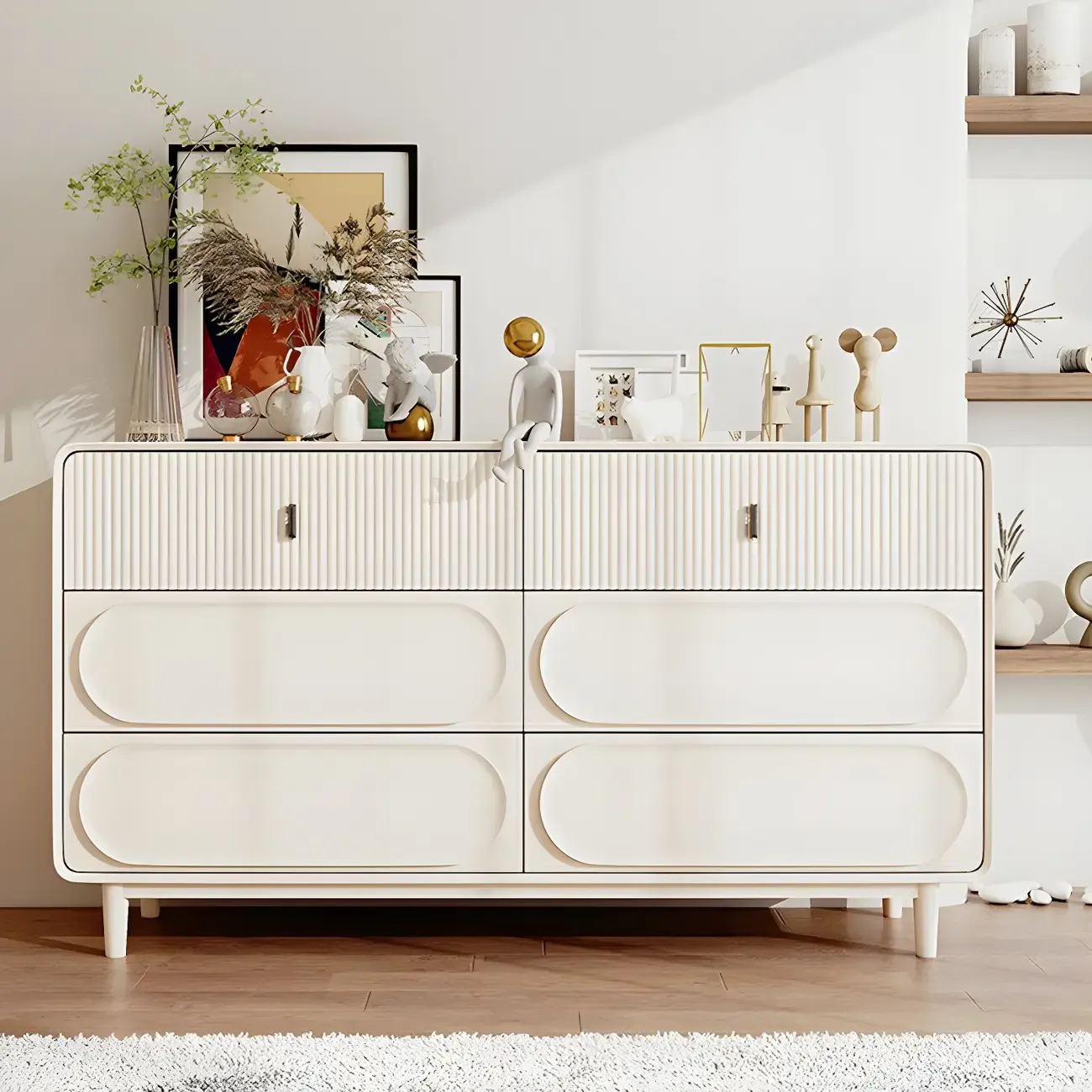 Classic White Wooden Chest with Metal Handles & Drawers