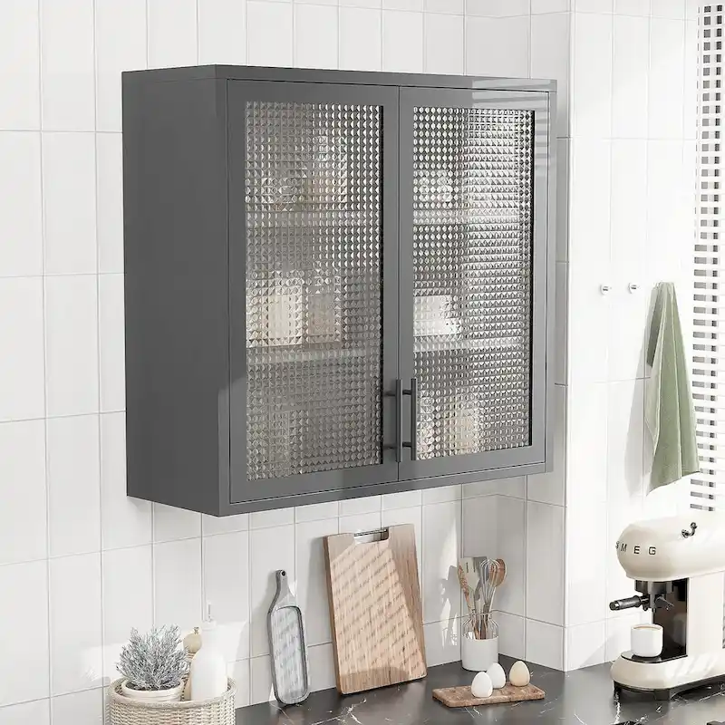 White / Black Wall-Mounted Steel Cabinet with Hazy Glass Doors, 2-Person Assembly