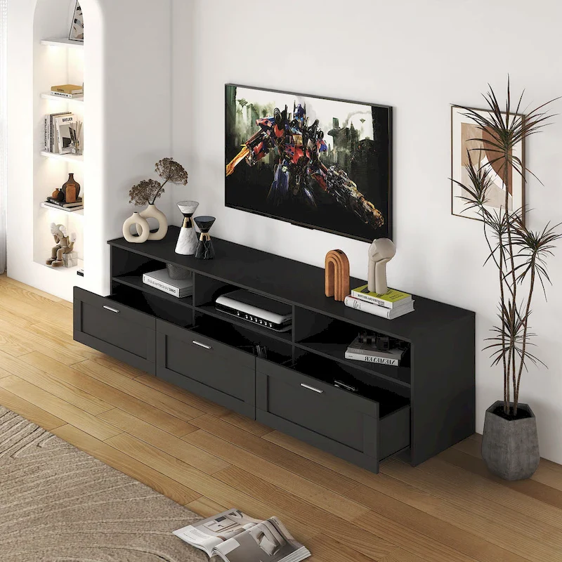 Black 70  TV Stand with Open Storage & Drawers for Living Room