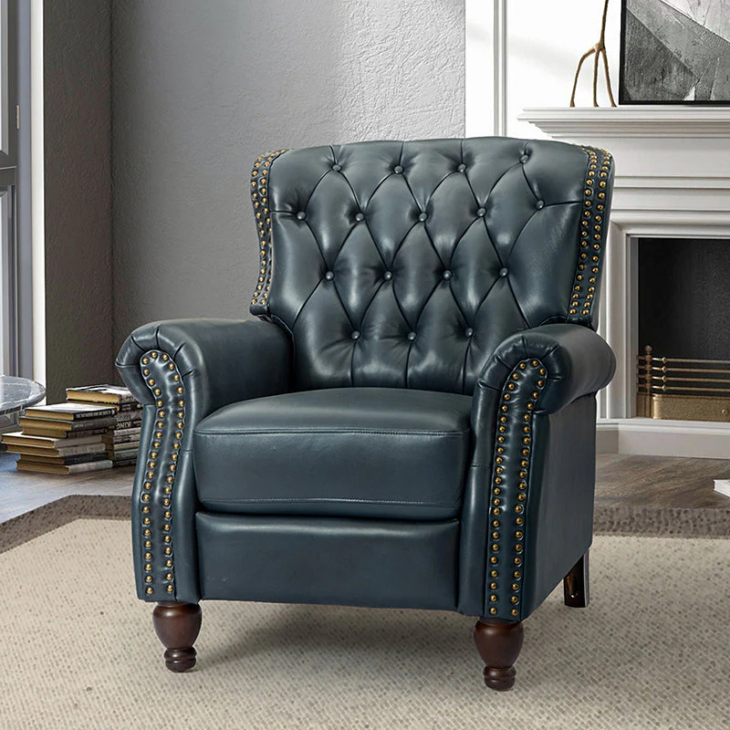 Genuine Leather Manual Push-Back Recliner with Nailhead Trim, Thick Foam Seat & 135° Recline | Camel / Navy / Burgundy / Beige / Red / Brown | Single Seat
