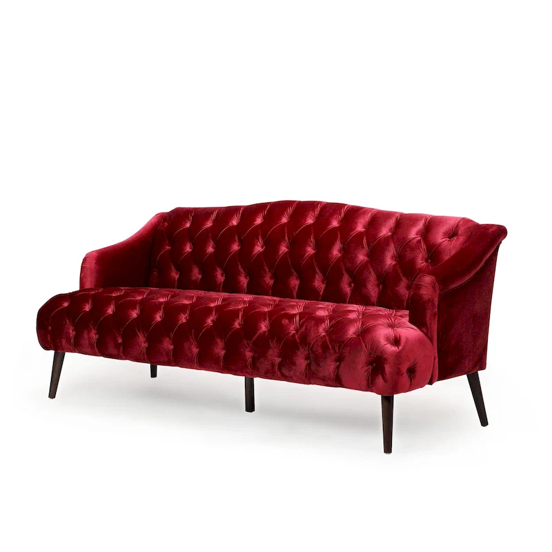 Velvet Tufted 3-Seater Sofa – Wine / Emerald / Smoke + Walnut Finish