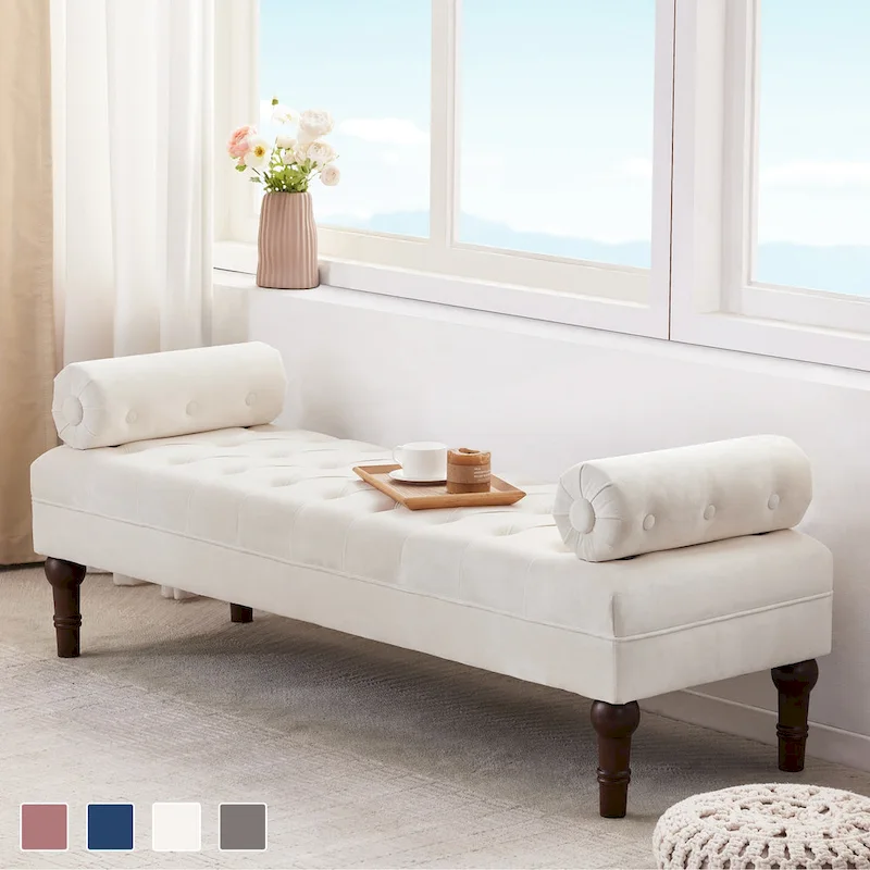 Grey / Beige / Blue / Pink Velvet Button-Tufted Bench, Single Seat