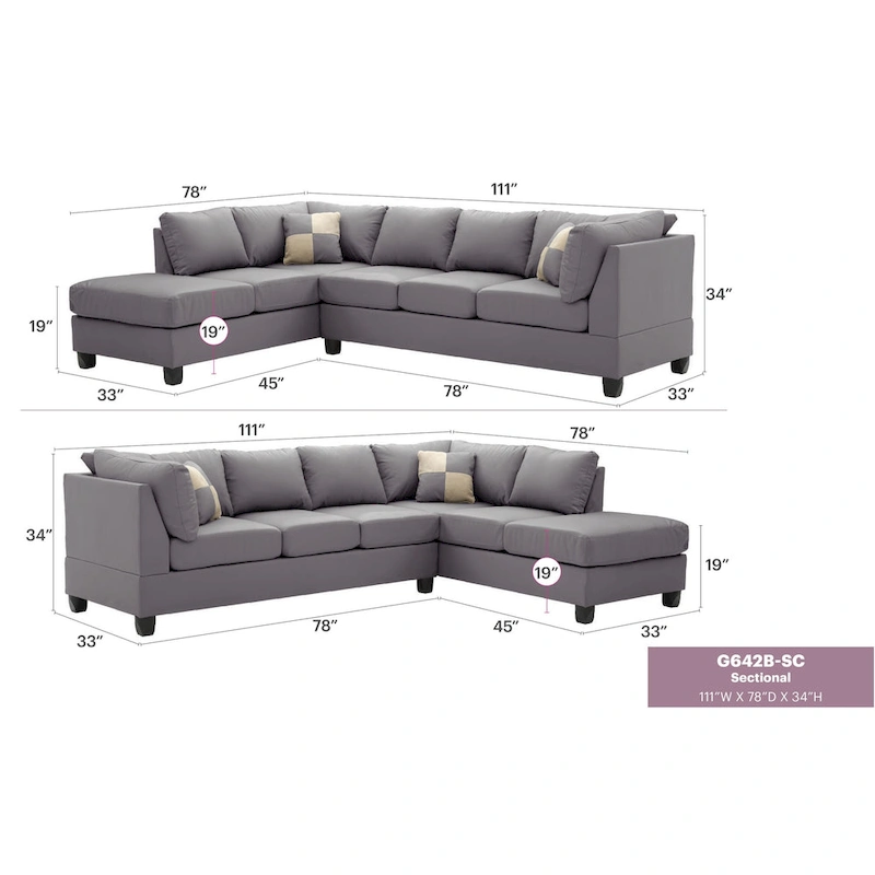 Malone 111 in. Faux Leather 4-Seater Sectional Sofa with 2-Throw Pillow - 111 L x 78 W x 34 H