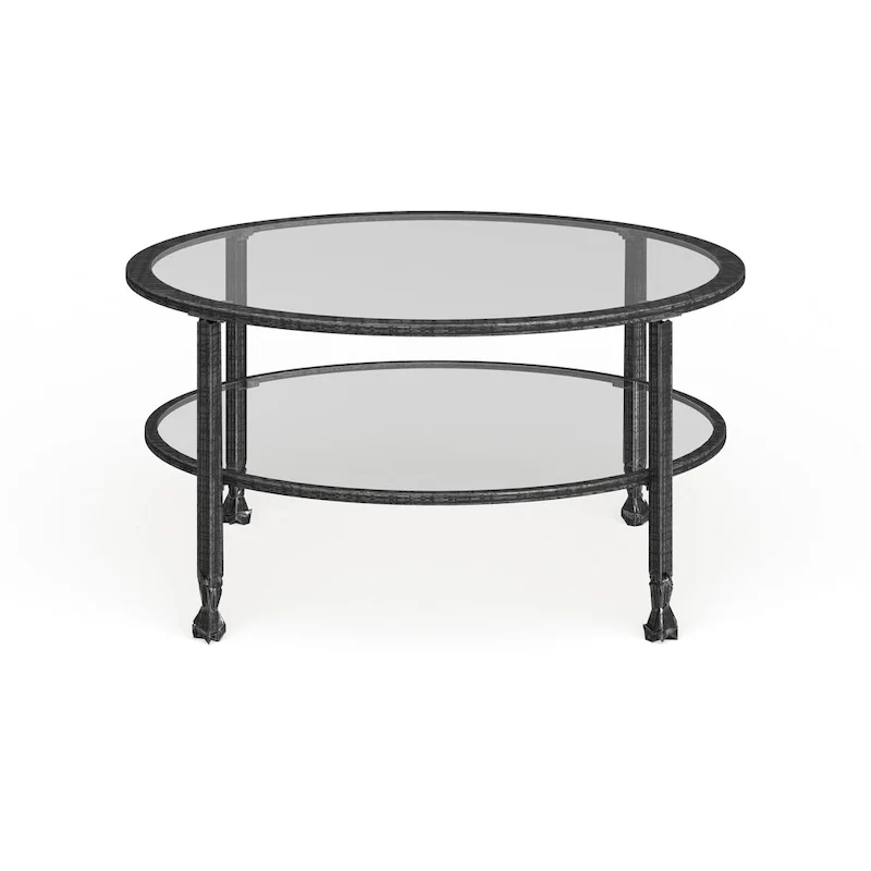 Glenn Distressed Black Metal Round Coffee Table with Glass Top and Shelf