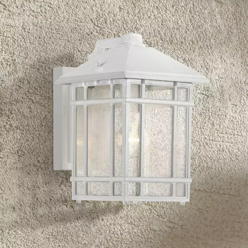 Kathy Ireland Sierra Craftsman Mission Outdoor Wall Light Fixture White Dusk to Dawn 11 Seeded Glass for Post Exterior Barn Deck House Porch Yard