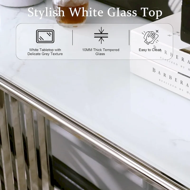 Glam 60 inch Rectangular Glass Console Table with Brushed Gold Stainless Steel Base