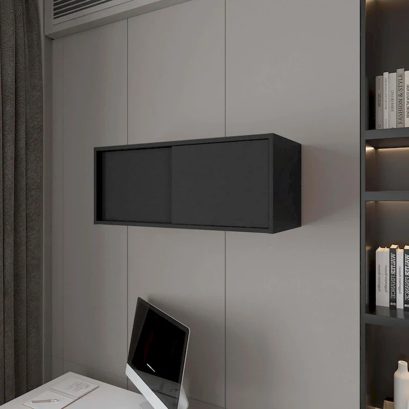 Black Floating Wall Cabinet with Sliding Door – Space-Saving Storage