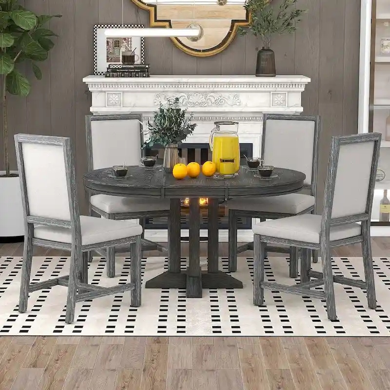 Wooden Round Drop Leaf Extendable Dining Table Set with 4 Upholstered Chairs