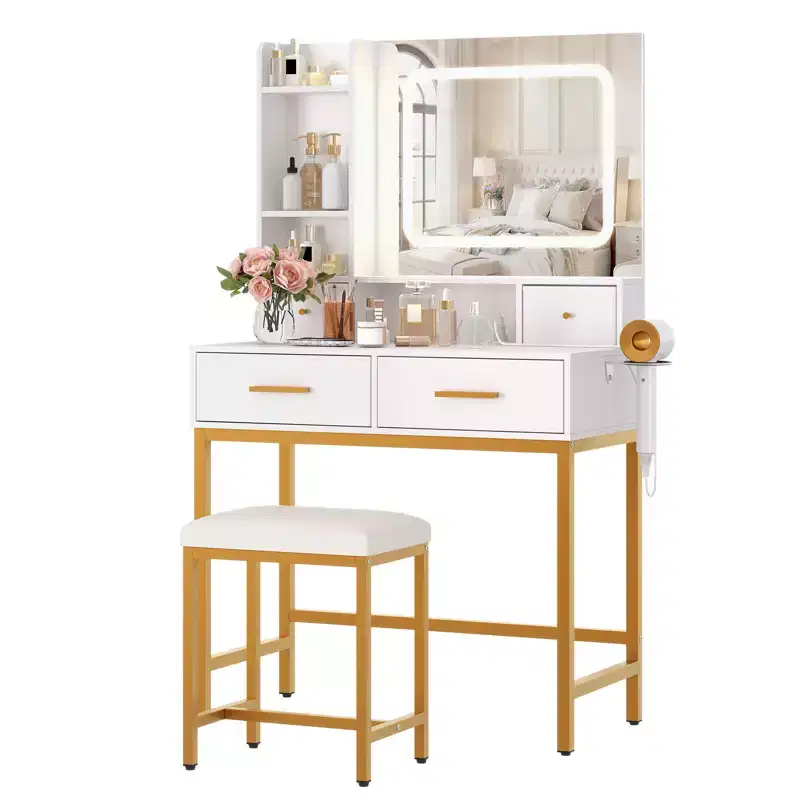 Makeup Vanity Desk with Mirror and Lights, 4 Drawers, 2 Storage Shelves, Built-in Charging Station, White and Gold Vanity Table with LED Light