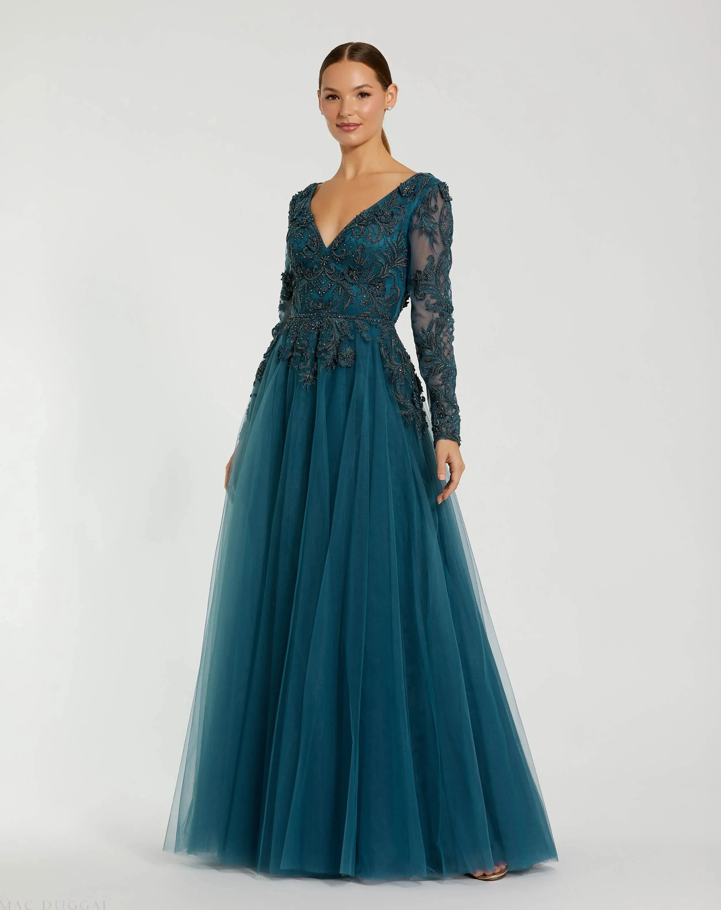 Teal Long Sleeve Embellished Tulle Gown