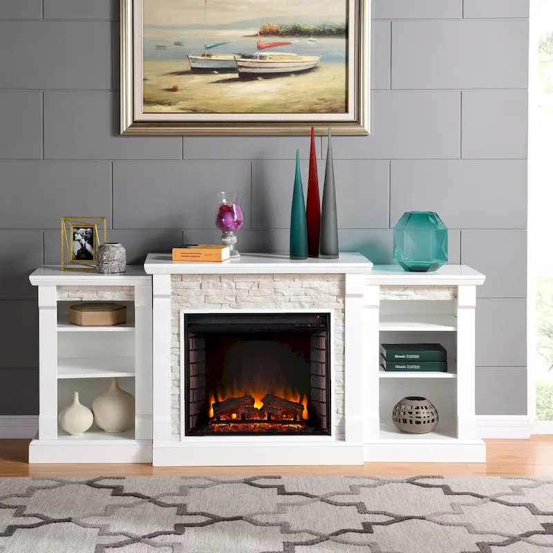 Electric Fireplace with Bookcases and Mantel in White