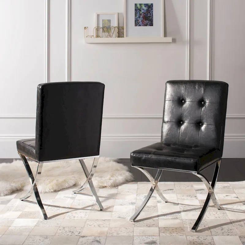 Glam Tufted Side Chair with Polished Chrome Legs – Leather-Style Upholstery (19