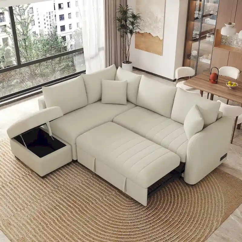 L-Shaped Sectional Pull Out Sleeper Sofa Bed with USB & Power Sockets, Beige