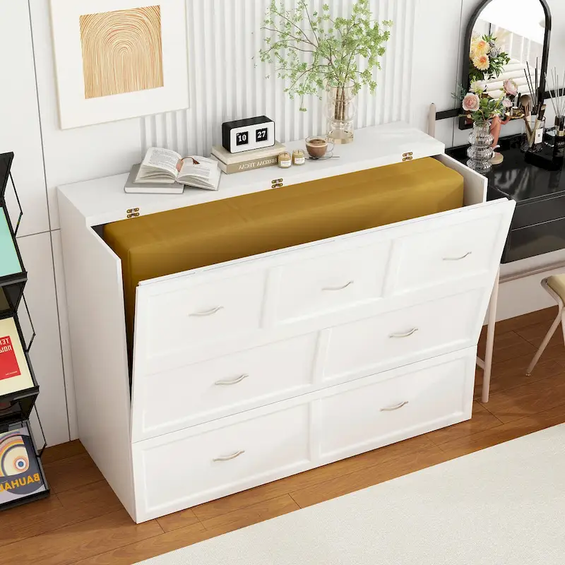 Modern Wood Full Murphy Bed Chest in White Finish Dresser 2-1 Cabinet