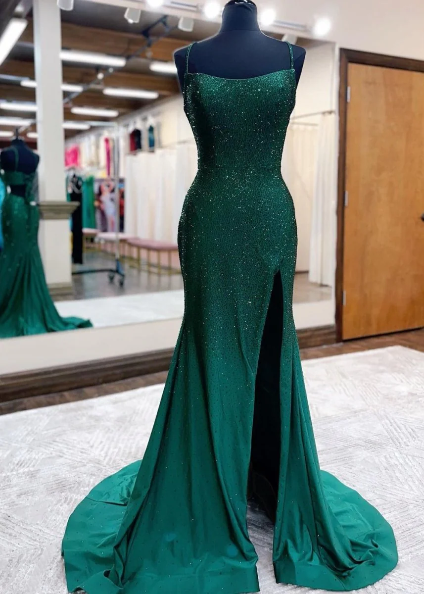 Mermaid Spaghettti Strap Beaded Satin Prom Dress with Slit