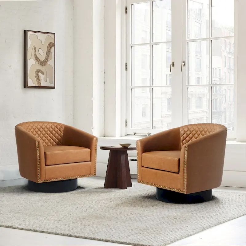 Faux Leather Nailheads Swivel Barrel Chair Set of 2
