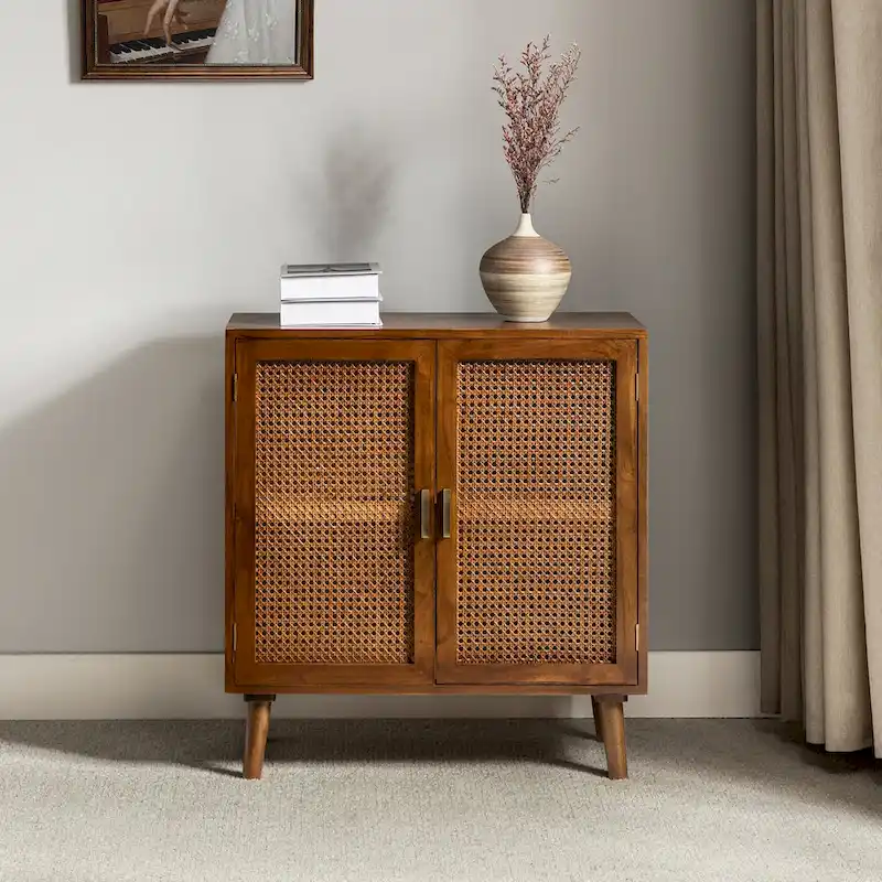 2-Door Accent Cabinet with Rattan Doors - Cherry Wood