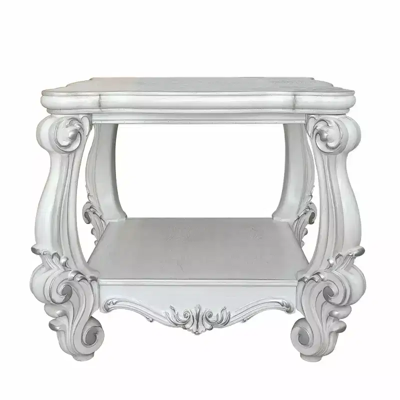 HomeRoots 26 Antiqued White Manufactured Wood Square Scroll End Table With Shelf