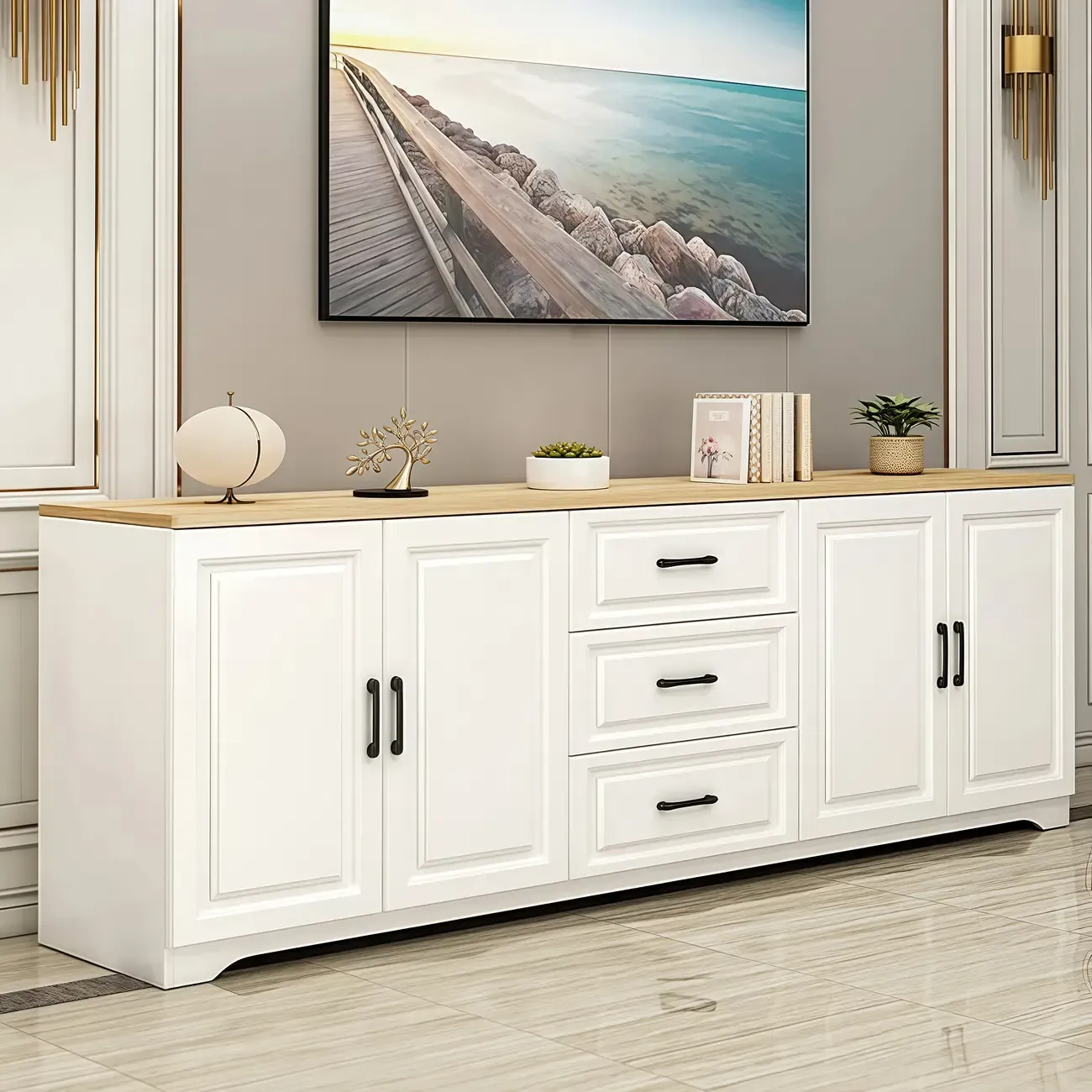 Modern Rectangular White 3-Drawer Wooden TV Stand