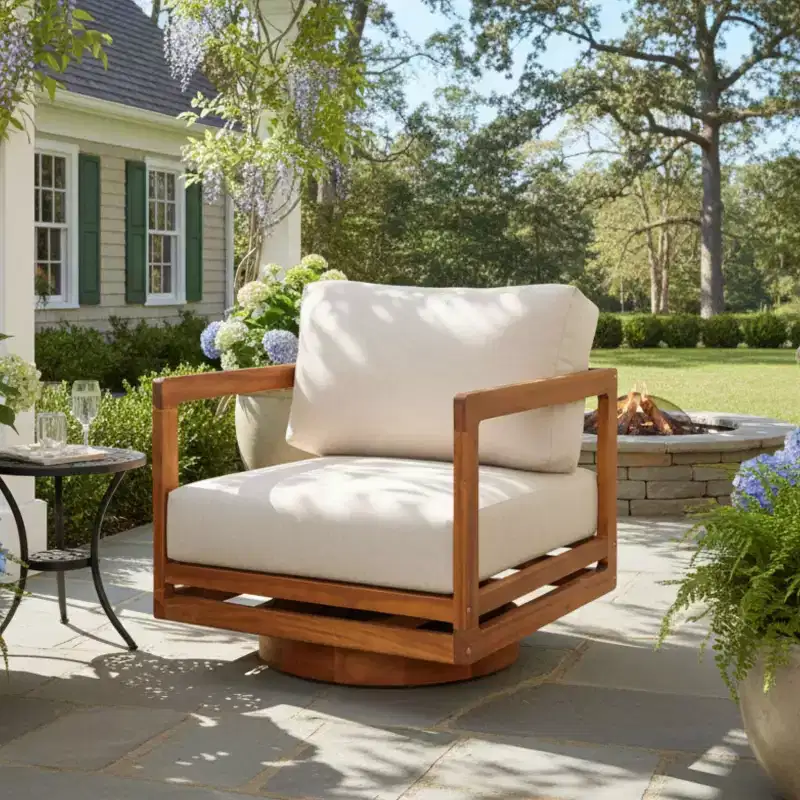 Outdoor Swivel Lounge Chair with Cushion, Acacia Wood Patio Accent Chair, Rotating Outdoor Seating for Backyard, Porch & Patio-Panipeachy