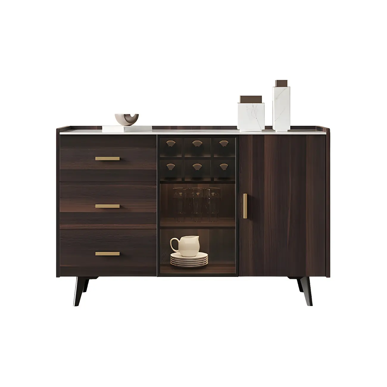 Glam Walnut Wooden Sideboard with Drawers & Cabinets