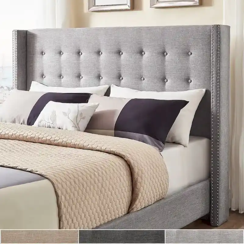 Linen Wingback Headboard – Dark Grey / Grey / Beige, Full / Queen / King