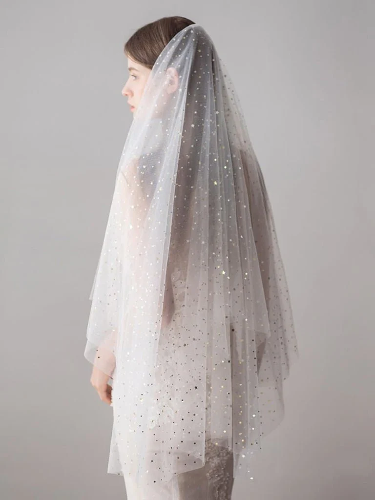 Shiny Bridal Veils with Gold Star Sparkly Wedding Veil