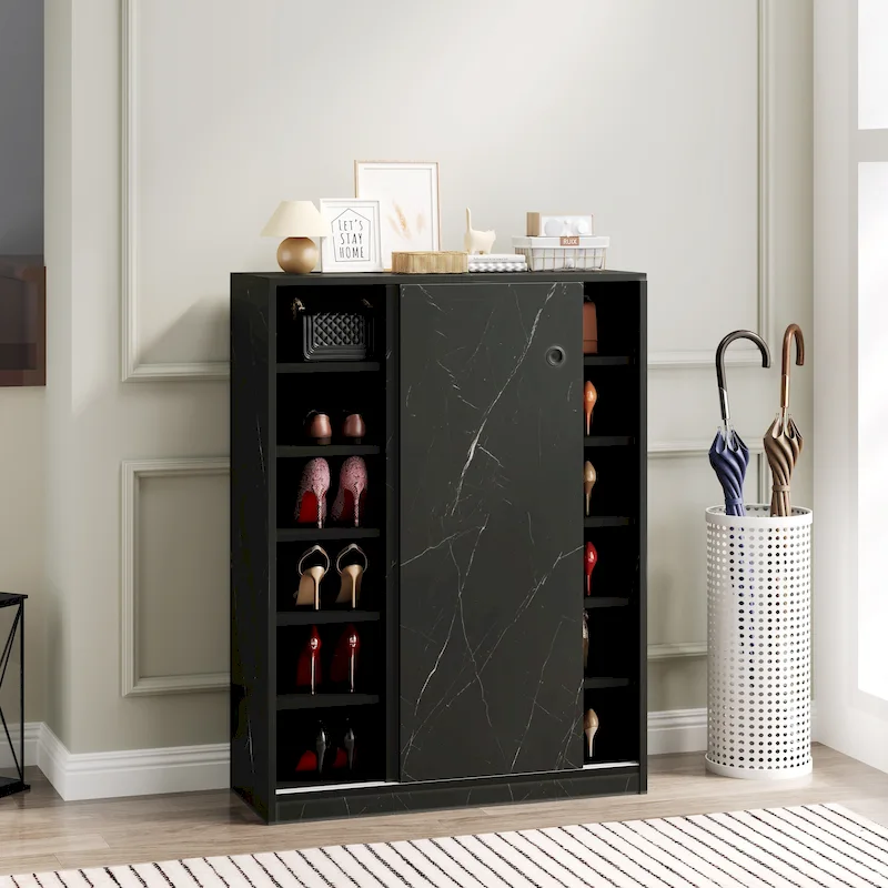 Marble black shoe cabient with sliding door have 6 layers can storage at least30 pairs shoes