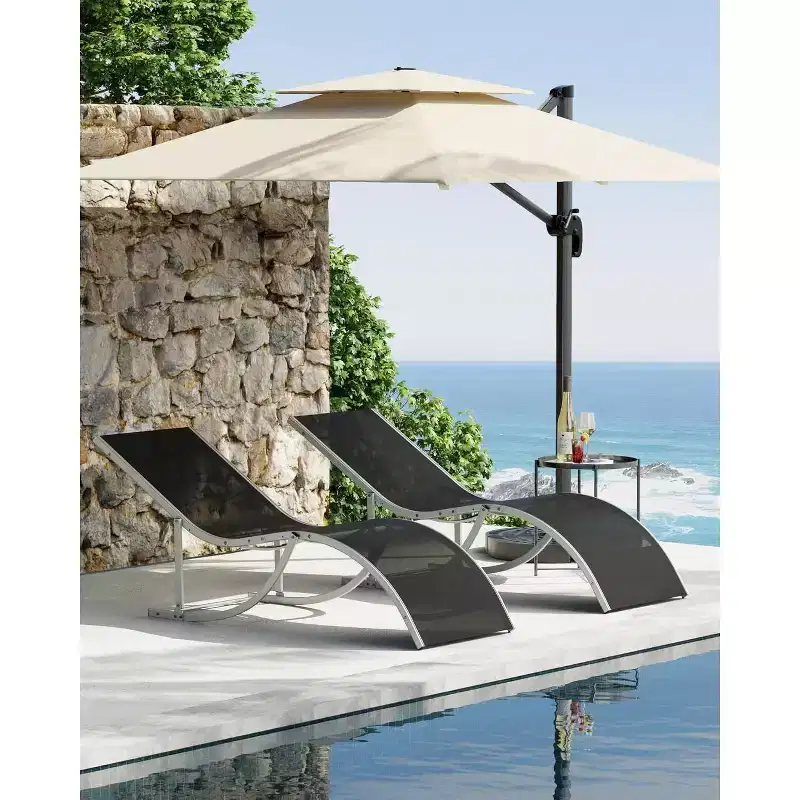 2 Pack S-Shaped Ergonomic Patio Chaise Lounge Chairs,Adjustable Aluminum Reclining Sun Loungers,Foldable Outdoor Lounge Chairs for Pool Beach Garden