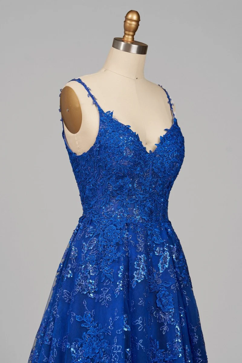 Royal Blue - A-Line Sequined Lace V Neck Long Prom Dresses