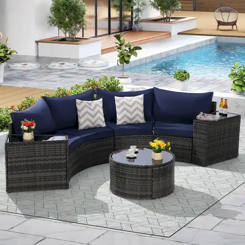 7-Piece Half-Moon Sectional Sofa Set with Glass Table