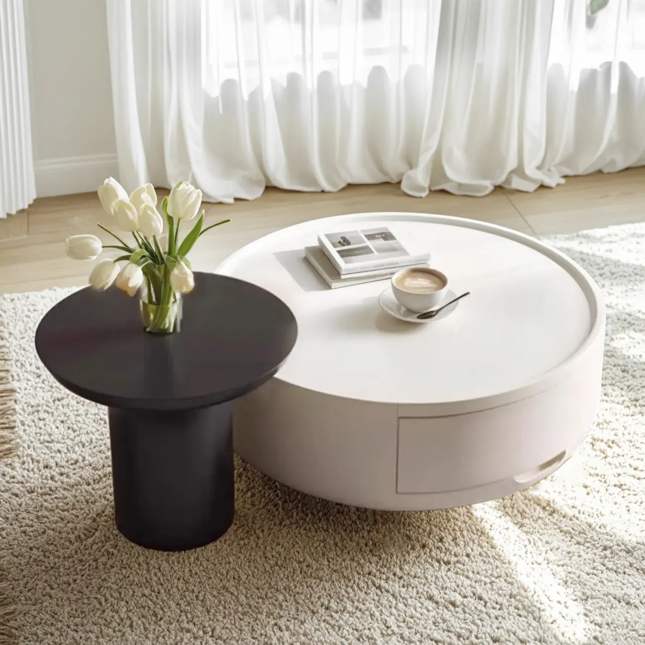 Modern Wood Black White Round Drawer Coffee Table