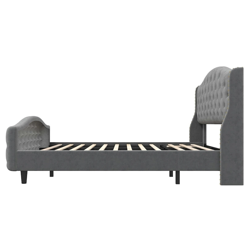 Velvet Upholstered Bed Frame with Wingback Headboard and Footboard