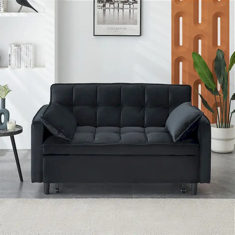 Velvet Loveseat with Reclining Backrest, Toss Pillows and Pockets