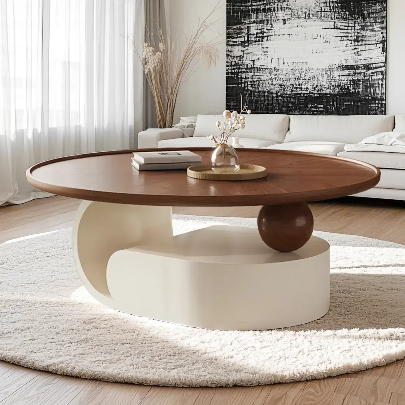 Metal Base Nesting Brown Wood Round Drawer Coffee Table