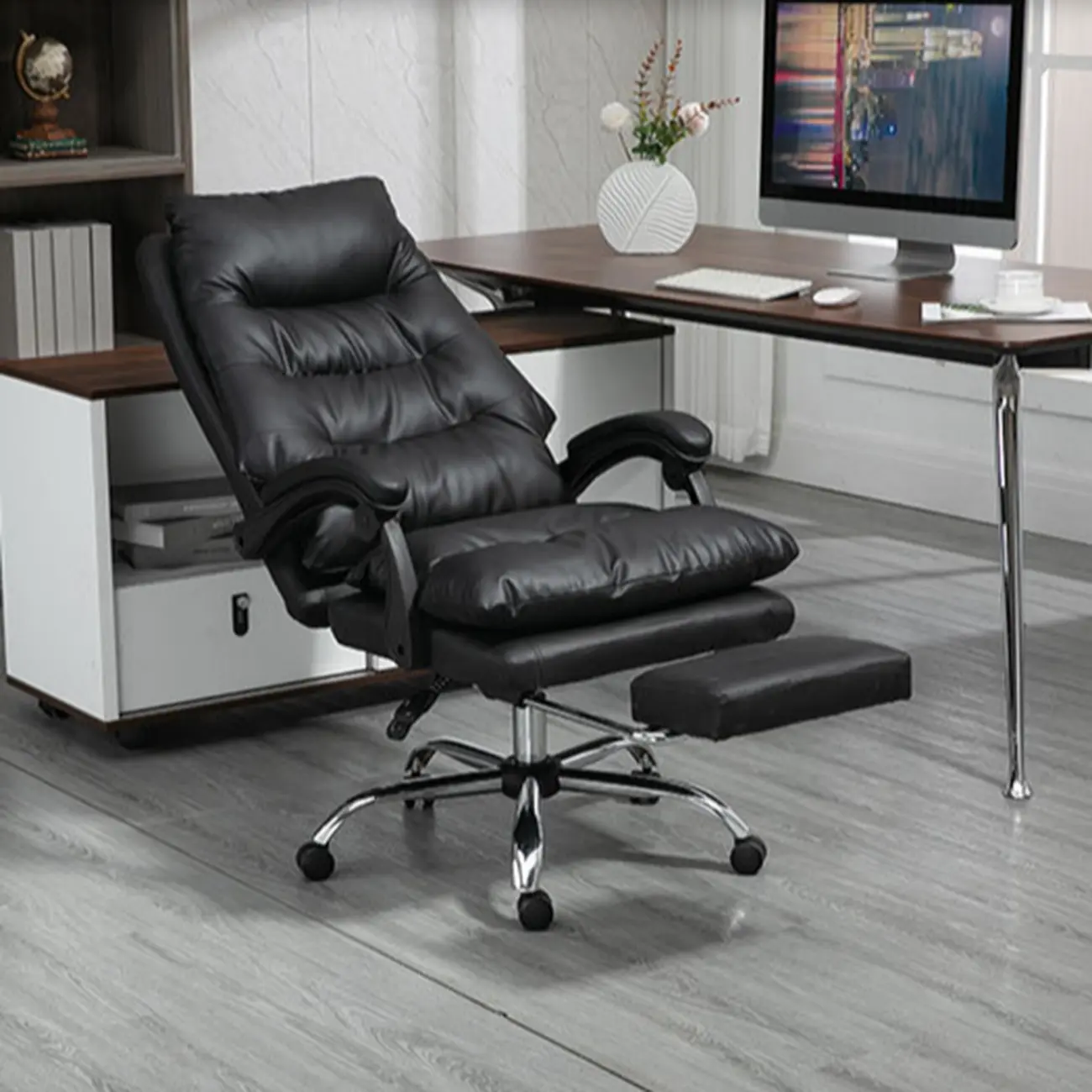 Reclining Black Leather Upholstered Office Chair