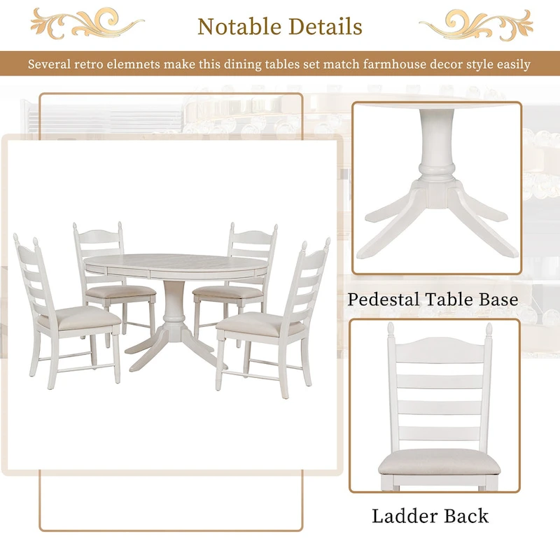 5 Piece Round Dining Table Set, Solid Wood Kitchen Table and Chair Set with Extendable Table and 4 Upholstered Chairs