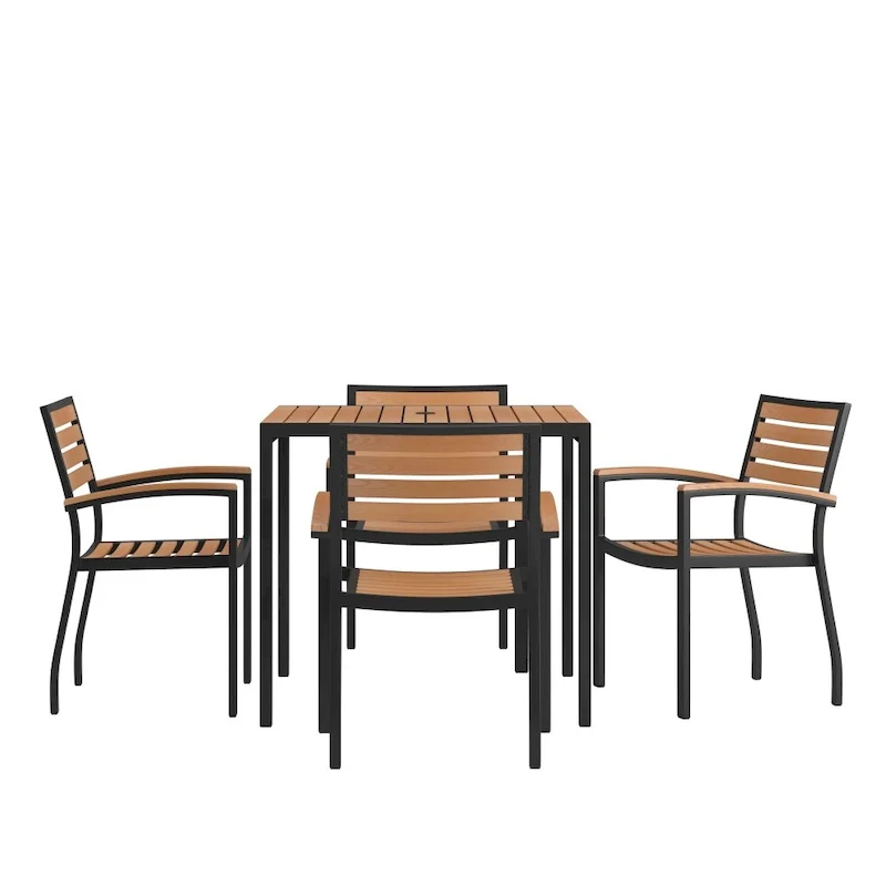 Black Steel Framed 36 Square Faux Teak Table with Umbrella Hole & 4 Club Chairs