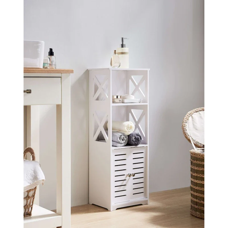 Bathroom Floor Storage Cabinet, Side Toilet Cabinet with Door and Shelfs, White
