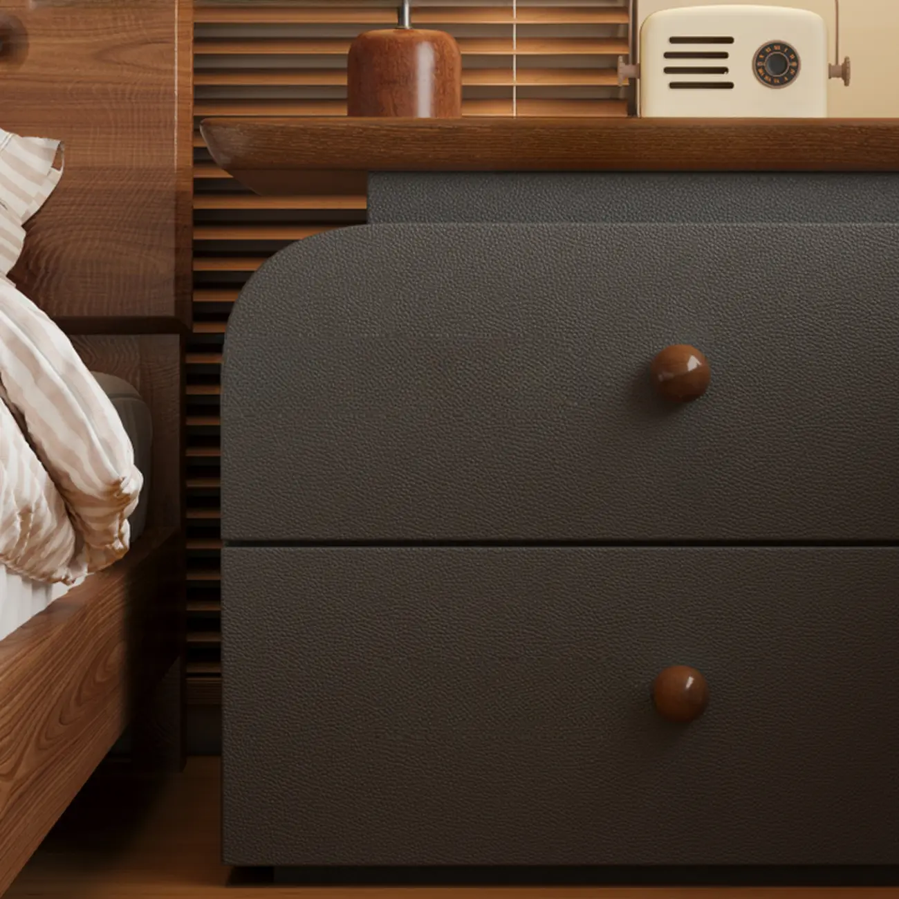 Faux Leather Modern Nightstand Wood Countertop