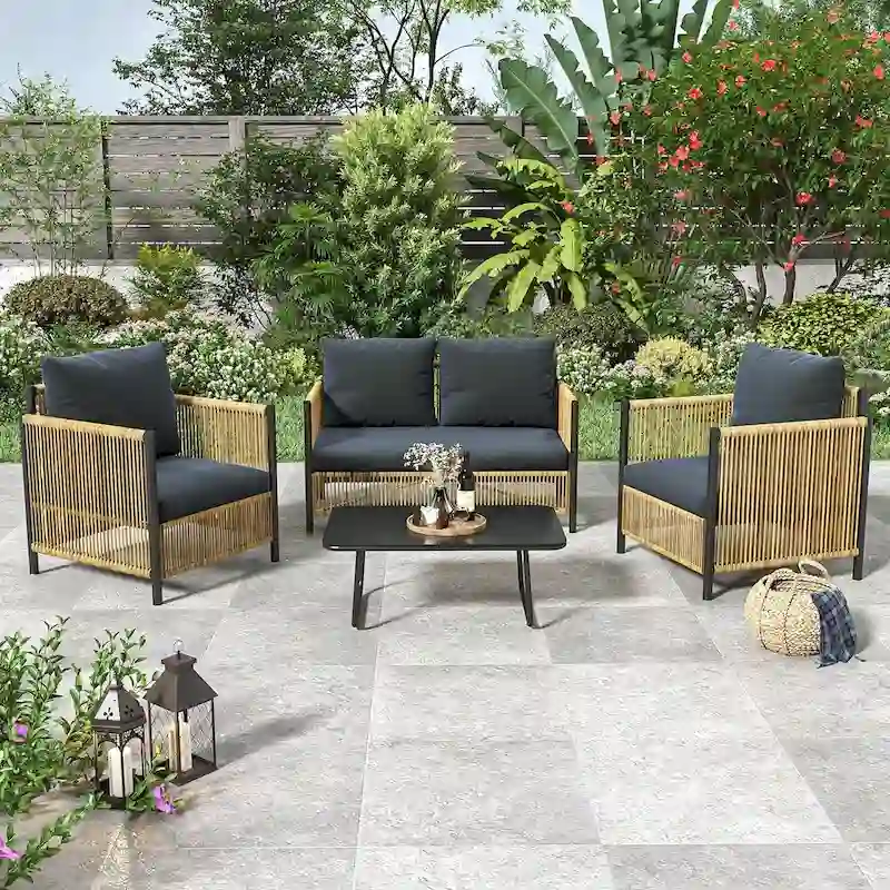 New Outdoor Brown PE Wicker 4 pieces Sofa Set with Gray Cushion
