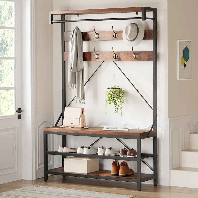 Industrial Storage Shoe Bench, 72 Mudroom Hall Tree with 8 Hanging Hooks